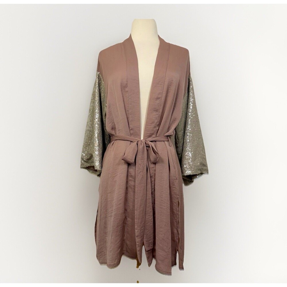 Eyeshadow Dusty Pink Bridal Open-Front 3/4 Sequin Sleeve Robe Size M Gift
